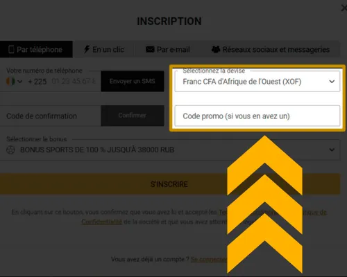 S&eacute;lectionnez la devise pour l'inscription &agrave; Melbet