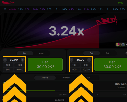 Saisie du montant de la mise dans le jeu Aviator