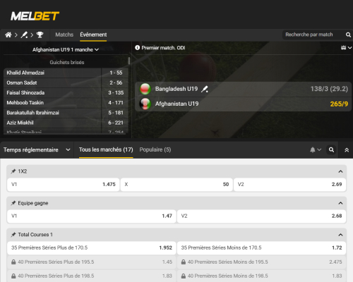 Sélection du match de cricket et du type de pari sur Melbet