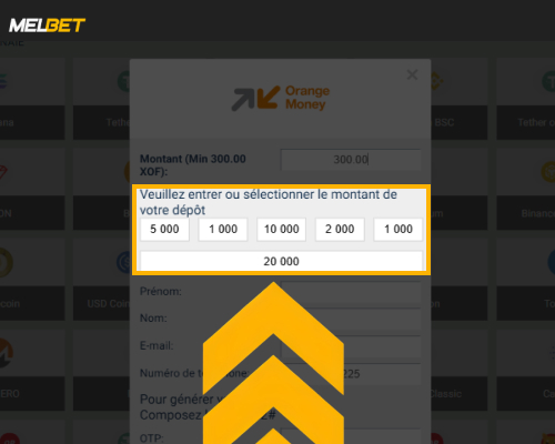 Saisie du montant de dépôt pour recharger le compte Melbet