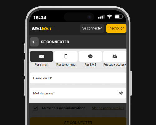 Formulaire de connexion Melbet avec e-mail, téléphone ou réseaux sociaux