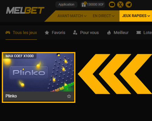 Section Jeux rapides et sélection du jeu Plinko sur Melbet Côte d'Ivoire