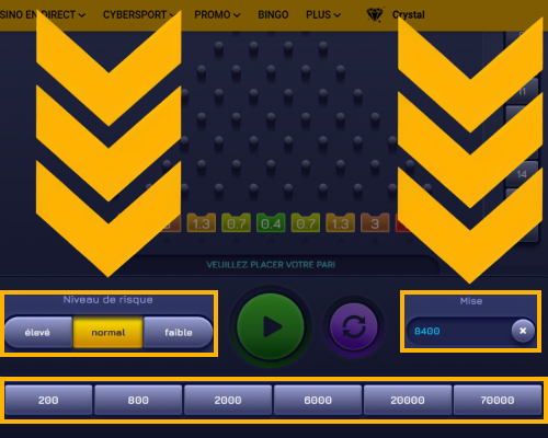 Choix du montant de la mise et du niveau de risque dans Plinko