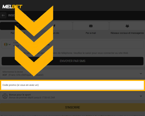 Saisie du code promo dans le formulaire d’inscription Melbet