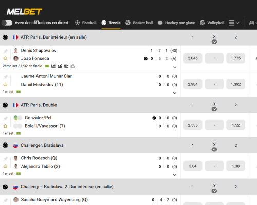 Choix du tournoi et du match de tennis sur Melbet