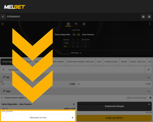 Saisie du montant et placement du pari tennis sur Melbet